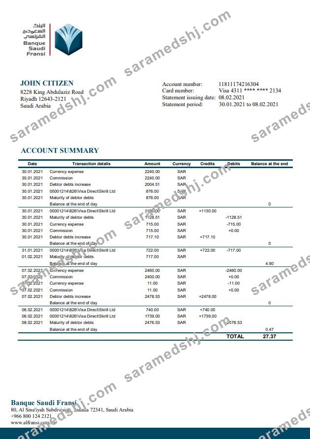 Saudi Arabia Banque Saudi Fransi bank statement template in Word and PDF format, good for address prove
